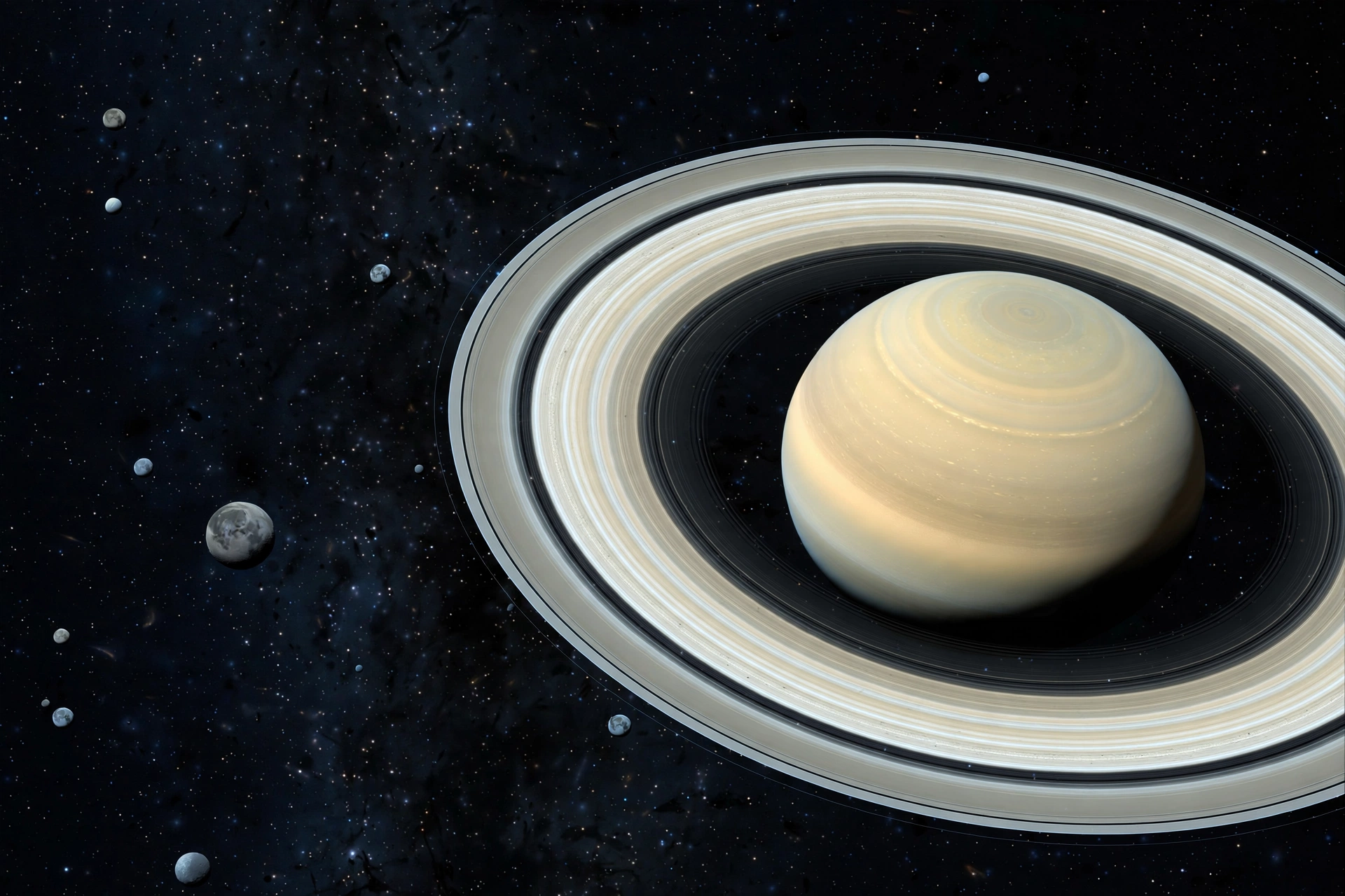 Hidden Moons of Saturn Revealed by Telescope Survey Saturn and its rings surrounded by many small moons in deep space