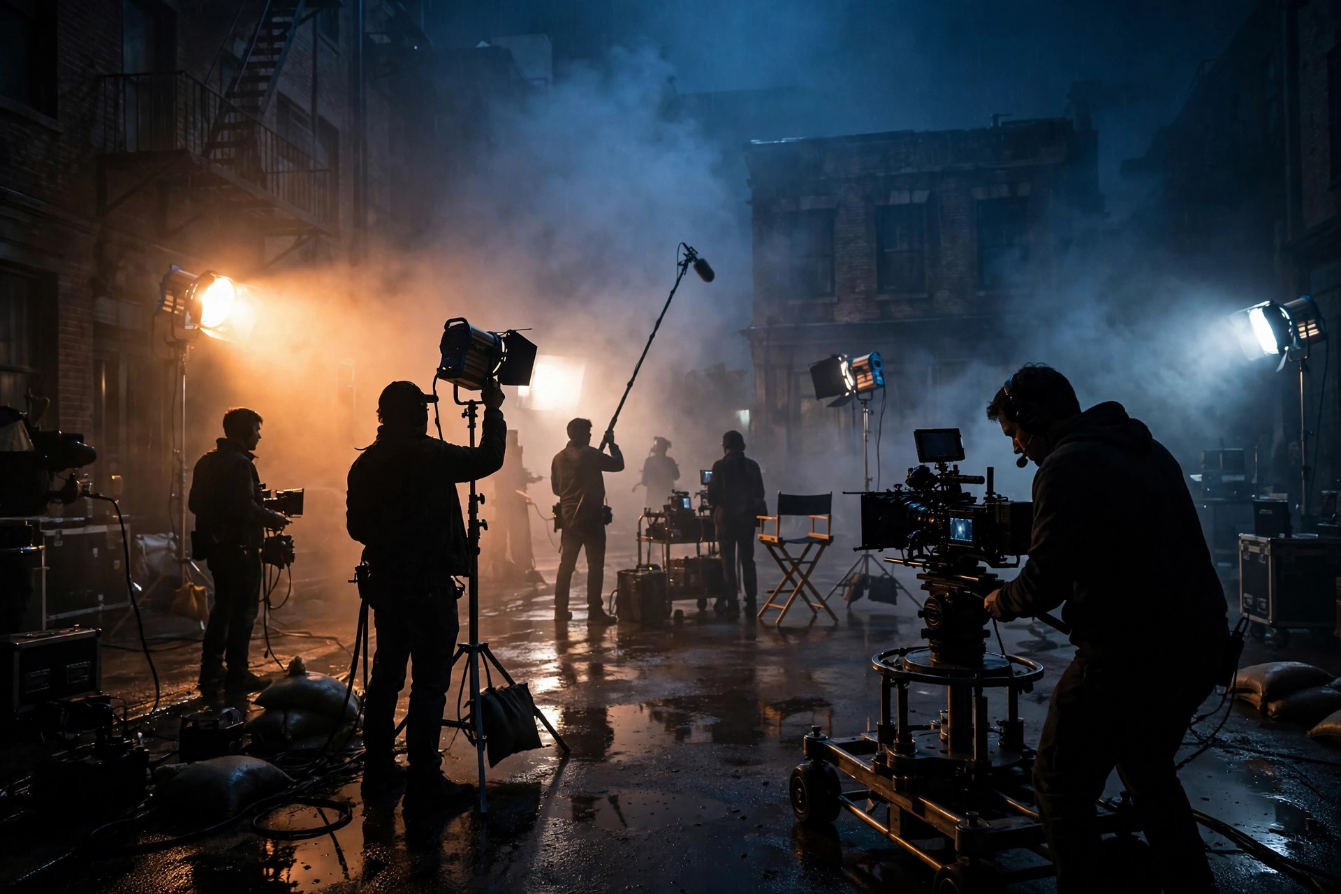 Natalie Portman and Jonathan Bailey Thriller Pumping Black Adds Star Cast Cinematic thriller film set at night with dramatic lighting and camera crew